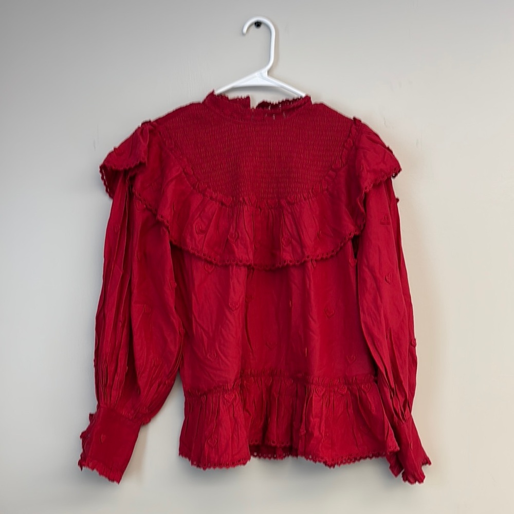 FARM Rio Red Ruffled Long Sleeve Bib Collar Blouse